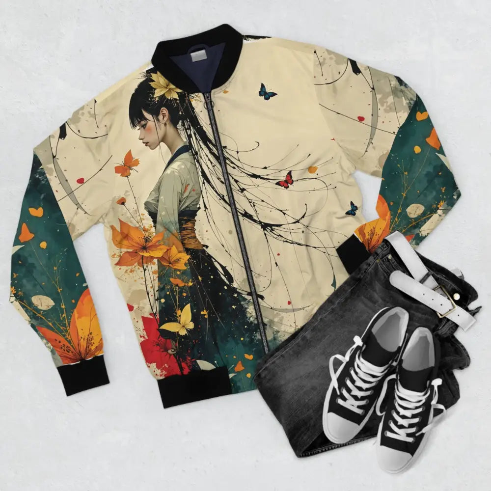 All-over print bomber jacket with floral and butterfly illustration from Honson Ventures Limited