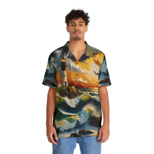 Men’s Hawaiian shirt with lighthouse and stormy sea print, hypnotic hawaiian shirt design
