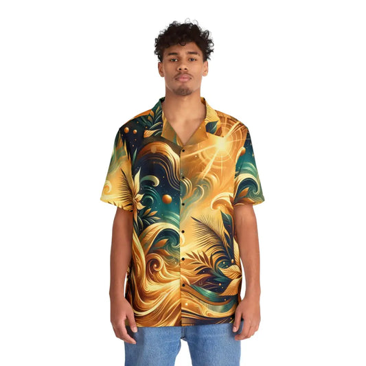 Tropical-themed short-sleeved Men’s Hawaiian shirt with Nebula Bloom Cascade design