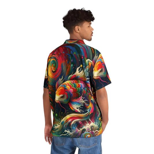 Colorful koi fish pattern men’s Hawaiian shirt from PixiOnyx Surreal Streamwear