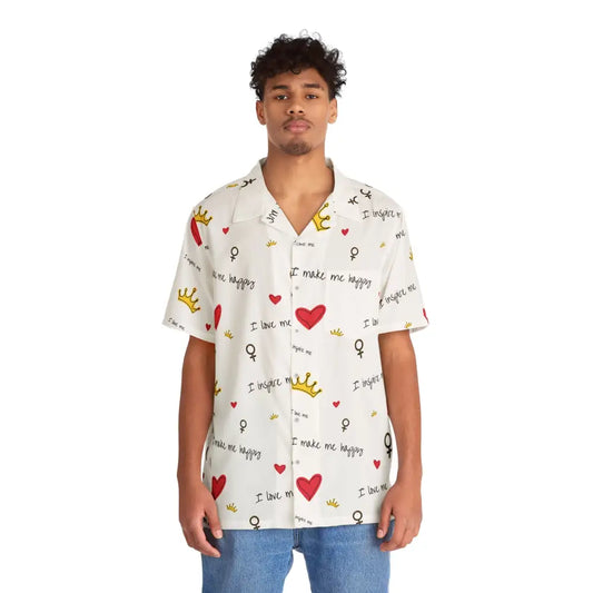 Man wearing a patterned short-sleeved Hawaiian shirt from PixiOnyx Tropical Empowercore collection