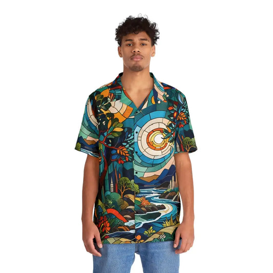 Man wearing a vibrant patterned Hawaiian shirt from PixiOnyx Tropical Mosaic Art collection