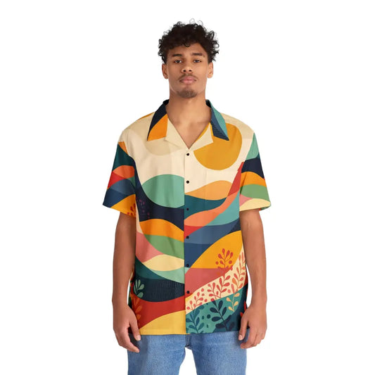 Colorful patterned short-sleeved Hawaiian shirt from PixiOnyx Sunset Grove collection