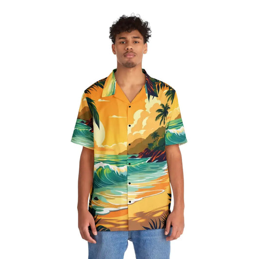 Men’s Hawaiian shirt featuring vibrant tropical sunset motif for vacation or casual wear