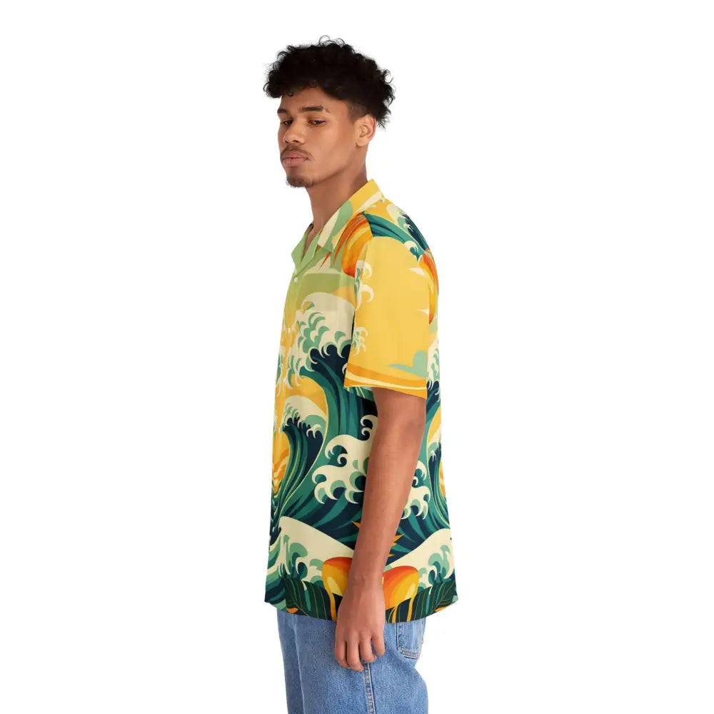Man wearing a patterned short-sleeved Hawaiian tropical wave shirt from PixiOnyx Mango Surf