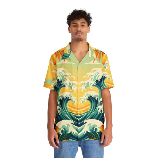 Man wearing a wave-patterned Hawaiian shirt from PixiOnyx Mango Surf Button-Up collection