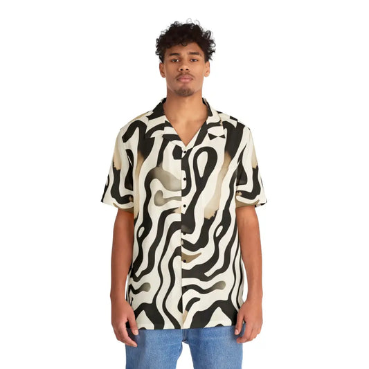 Man in patterned short-sleeved Hawaiian shirt from PixiOnyx Surrealwear Waveline Ritual collection