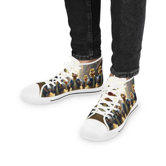 Men’s high-top sneakers with duck character print from PixiOnyx Varsity Duck Squad
