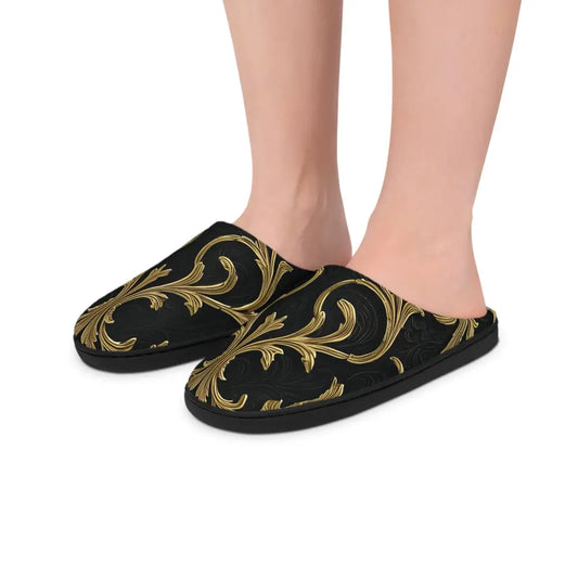 Black and gold patterned indoor slippers from PixiOnyx Luxe Lounge Edition