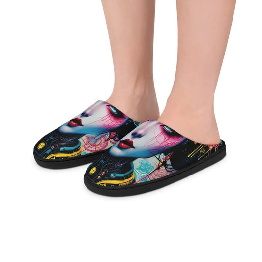 Artistic face-printed men’s indoor slippers with futuristic Geisha and cyber Zen design