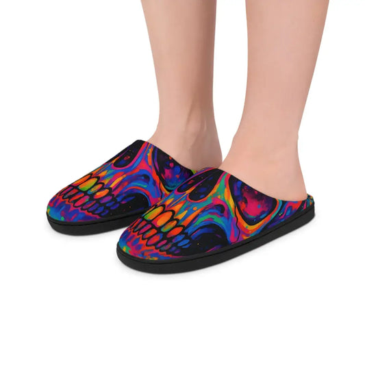 Colorful skull-patterned indoor slippers for men with Neon Skeleton Art Comfort by PixiOnyx