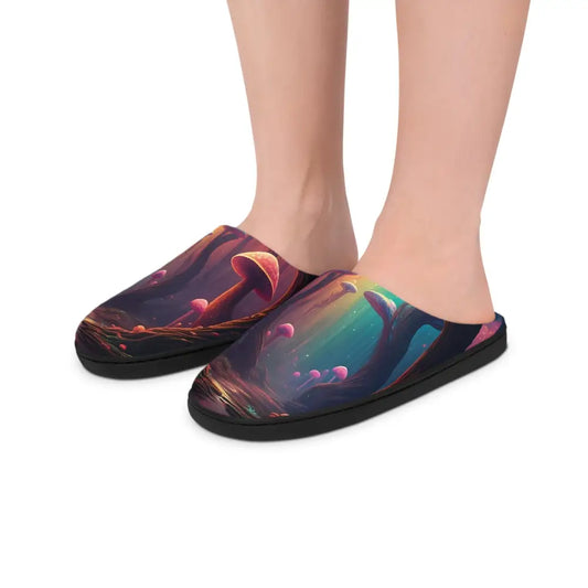 Mushroom-themed indoor slippers for men from PixiOnyx Surreal Stepwear Shroom Bloom