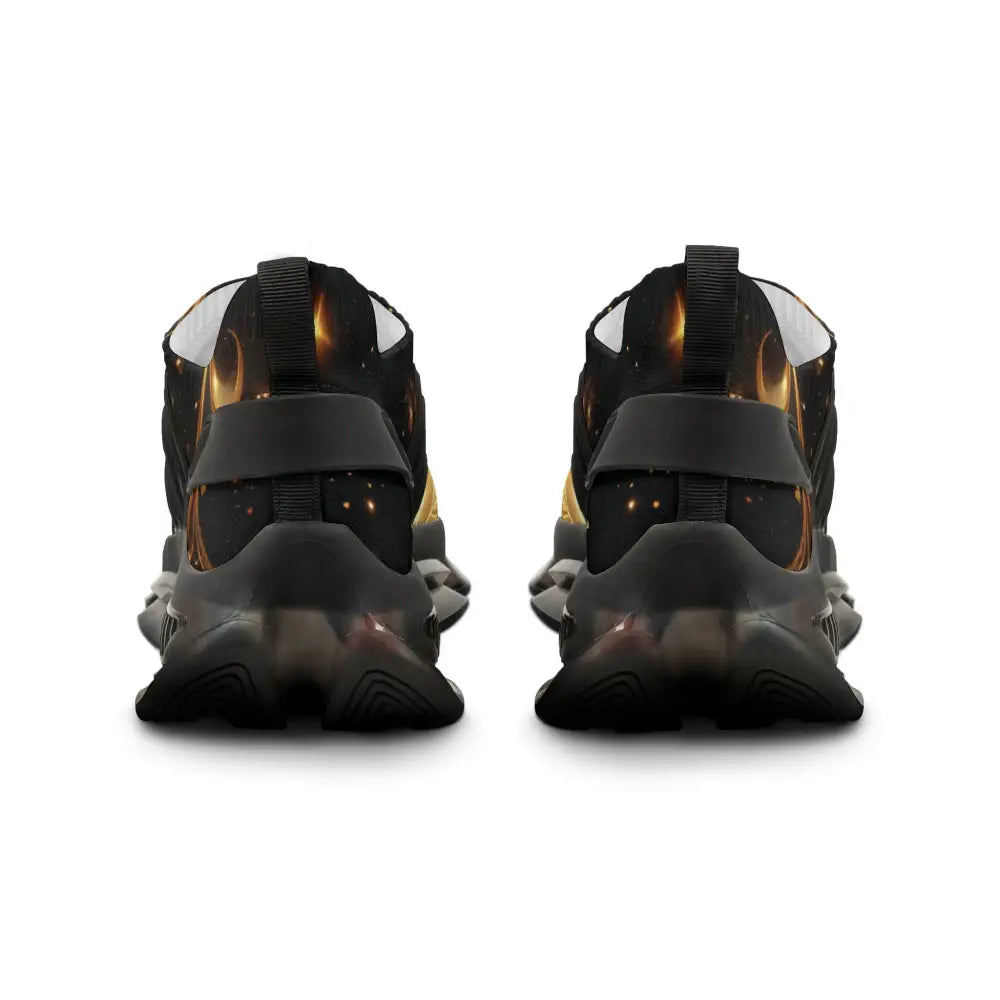 Black and gold athletic shoes named Men’s Mesh Sneakers Golden Swirl Mirage by PixiOnyx