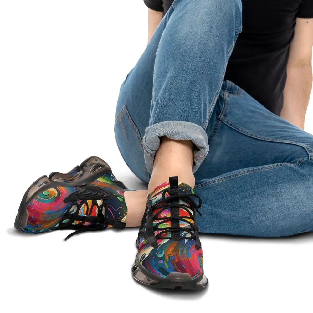 Colorful patterned sneakers from PixiOnyx Rainbow Koi Spiral men’s mesh footwear