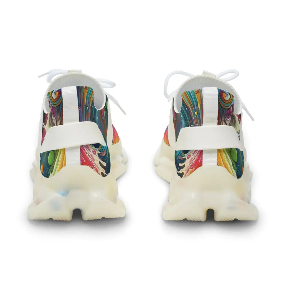 Colorful men’s mesh sneakers with rainbow koi spiral design by PixiOnyx Psychedelic Footwear