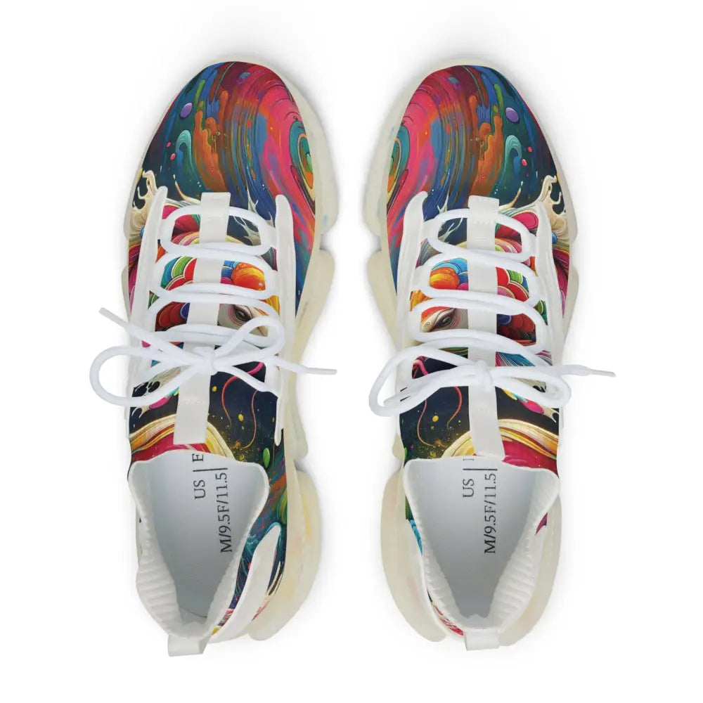 Colorful patterned Men’s Mesh Sneakers called Rainbow Koi Spiral by PixiOnyx Psychedelic Footwear