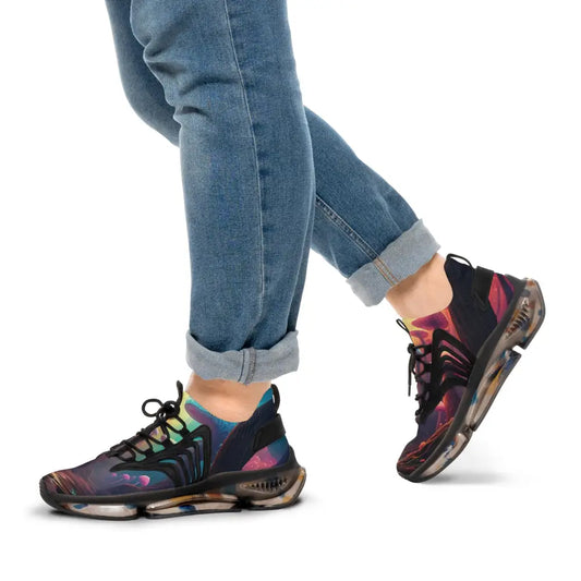 Colorful athletic shoes displayed on Men’s Mesh Sneakers Shroom Bloom PixiOnyx Surreal Streetwear