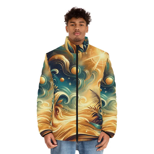Artistic puffer jacket featuring vibrant Nebula Bloom Cascade design by PixiOnyx Cosmic Outerwear