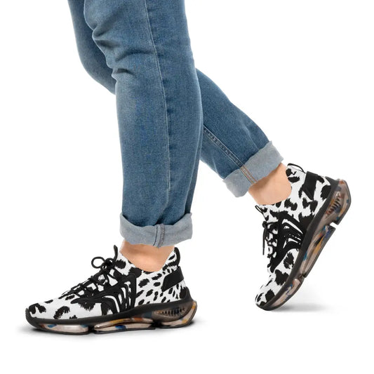 Men’s Sneakers White Leopard Dash with Cow-Print Athletic Shoes from PixiOnyx Streetstride