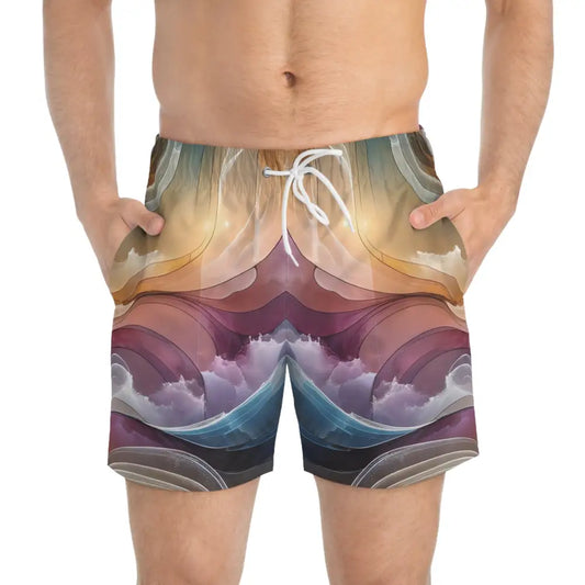 Abstract patterned Men’s Swim Trunks Celestial Layer Flux PixiOnyx Surreal Swimwear