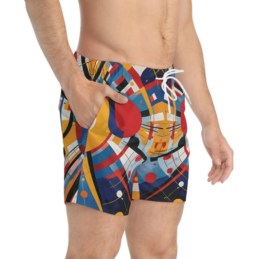 Men’s colorful patterned swim trunks from PixiOnyx Orbital Edition titled Celestial Motion