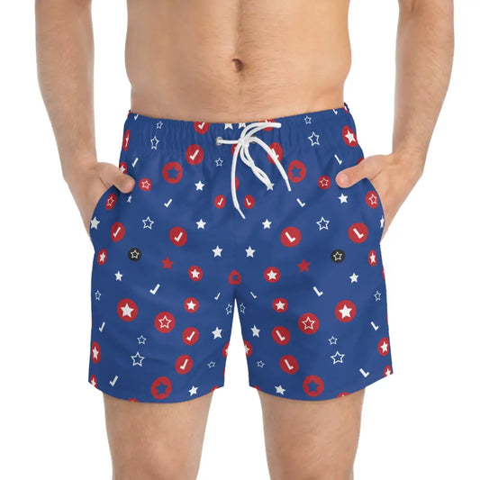 Blue patterned men’s swim trunks with cosmic confetti design from PixiOnyx Festival Swimwear