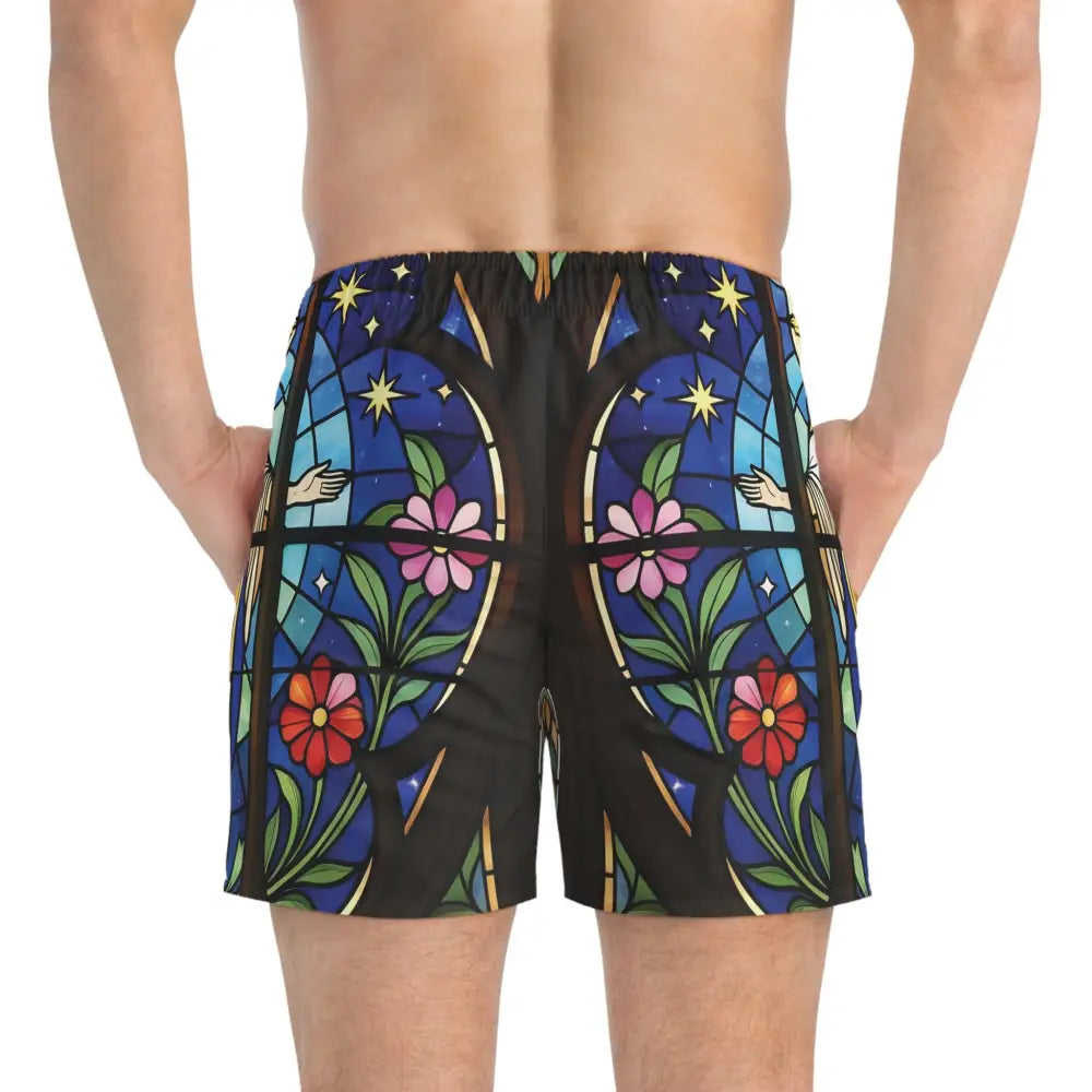Men’s swim trunks with stained-glass pattern for poolside style and vibrant radiance