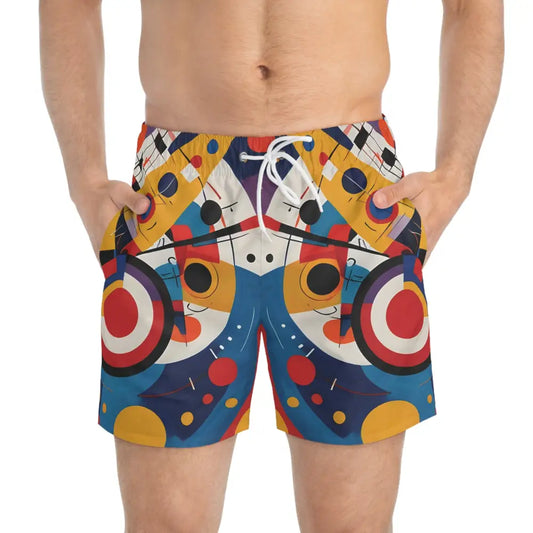 Men’s colorful patterned swim trunks from PixiOnyx Abstract Motionwear