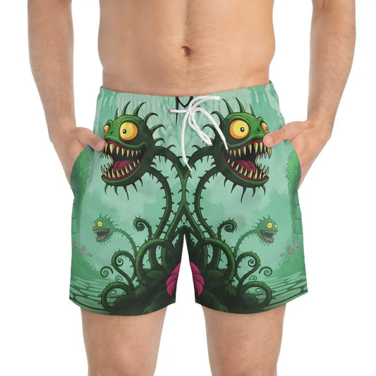 Men’s swim trunks with Cartoon Monster Plants design from Grinvine Grove PixiOnyx Naturewear