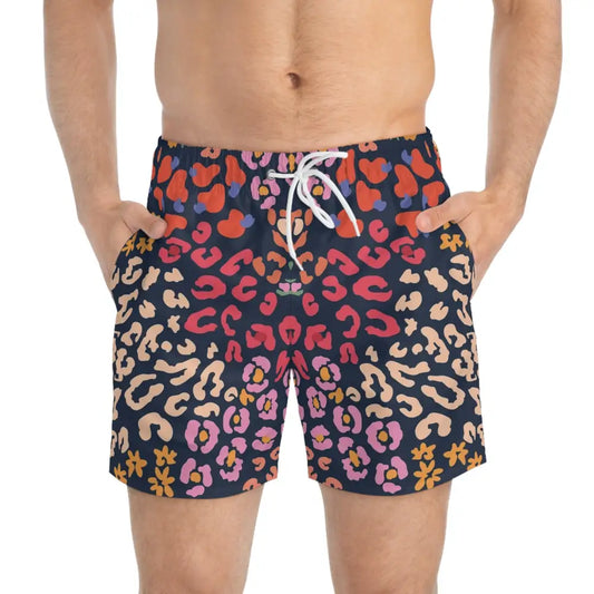 Men’s patterned swim trunks in Neon Safari print from PixiOnyx Apex Poolwear