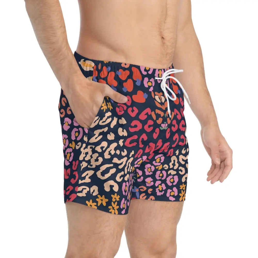 Patterned men’s swim trunks with neon safari print from PixiOnyx Apex Poolwear