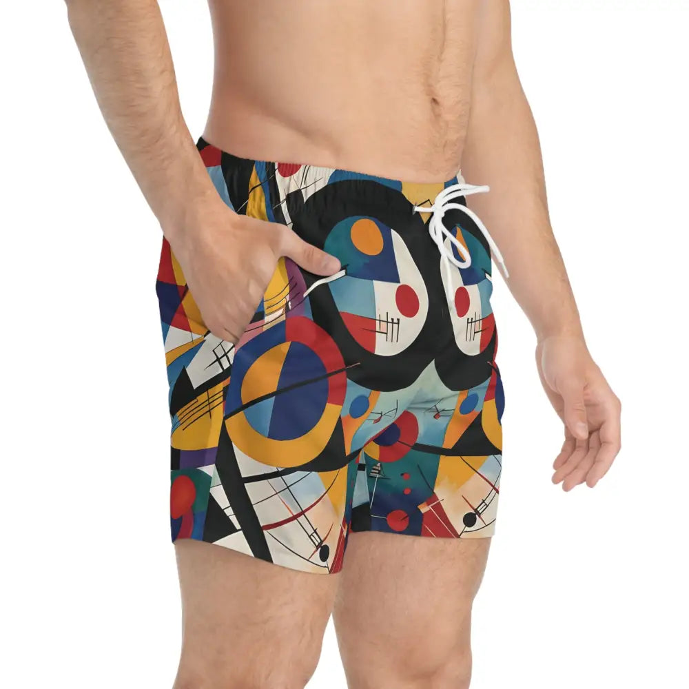 Colorful patterned swim trunks from PixiOnyx Pulsewear Series Men’s Swim Trunks Rhythmic Geometry