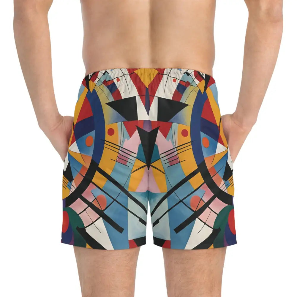 Abstract art swim trunks with rhythmic geometric patterns from PixiOnyx Pulsewear Series