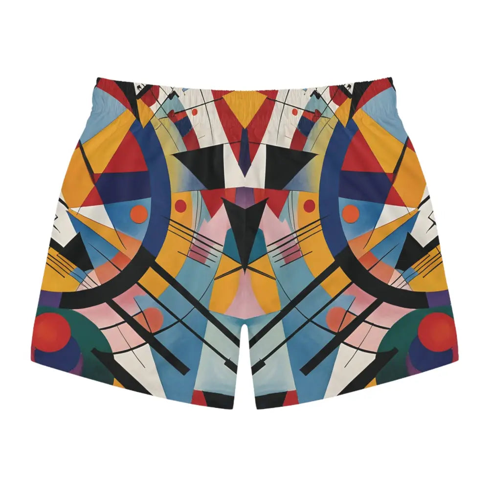 Abstract art swim trunks from PixiOnyx Pulsewear series featuring rhythmic geometric patterns