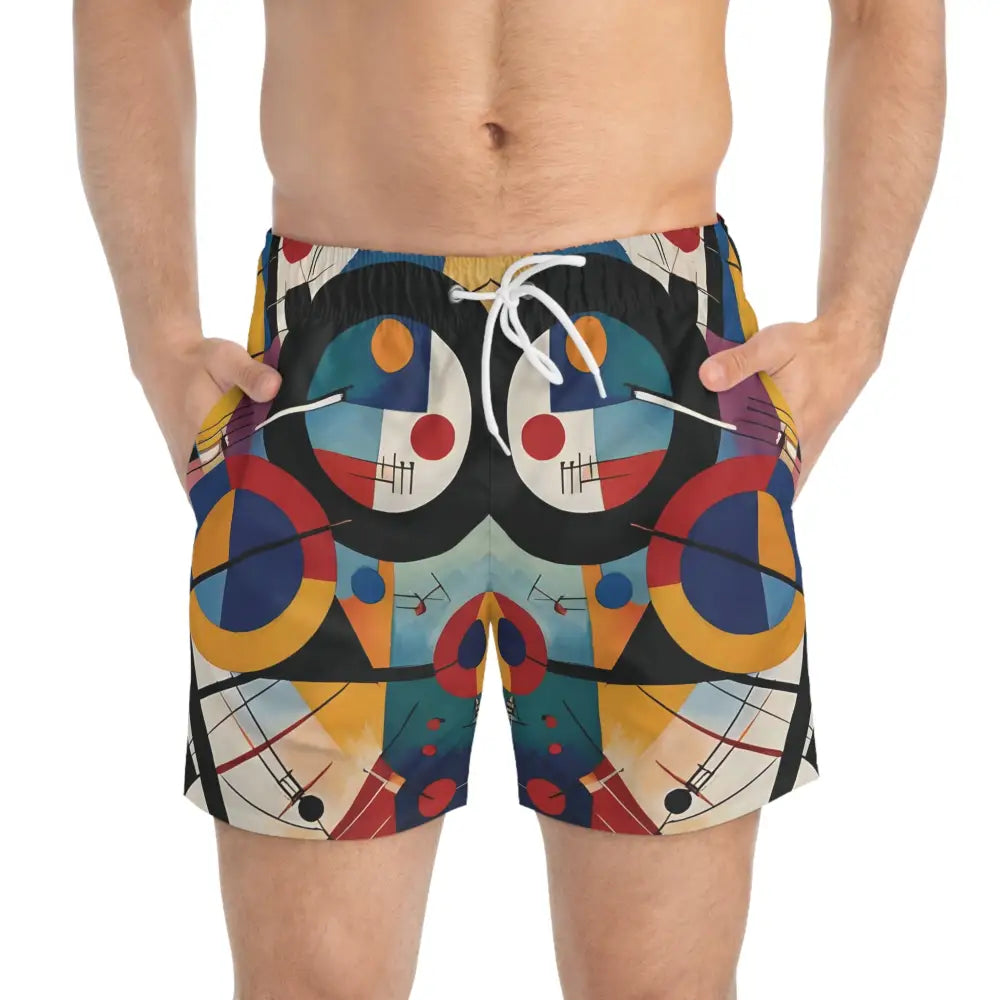 Abstract patterned men’s swim trunks from PixiOnyx Pulsewear Series with rhythmic geometry design