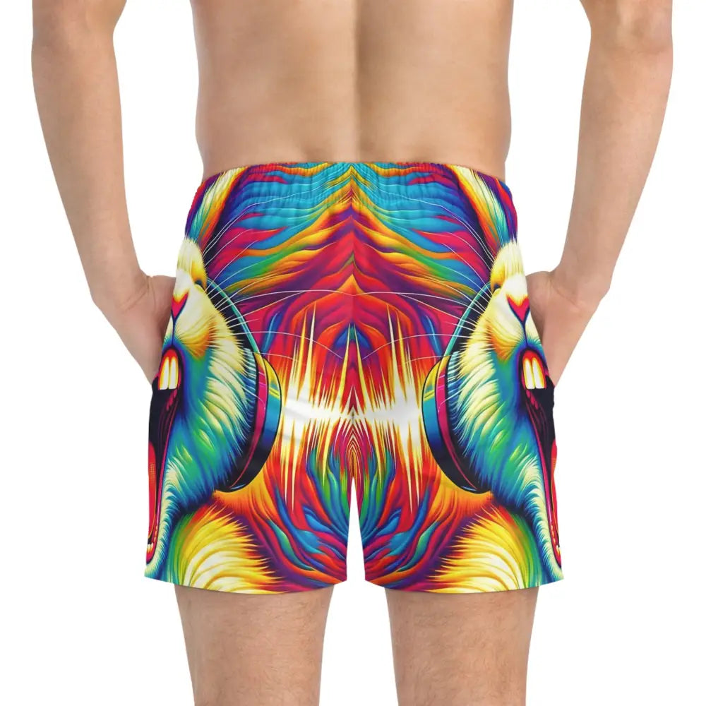 Colorful lion-print swim trunks for men from PixiOnyx Chaoswear Beach Edition