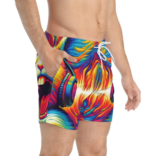 Colorful lion-themed swim trunks for men from PixiOnyx Chaoswear Beach Edition