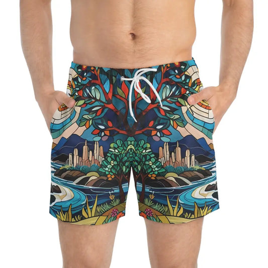 Men’s swim trunks with vibrant nature scene design from PixiOnyx Psychedelic Abstract Nature Swimwear