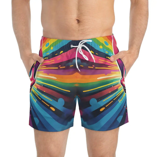 Colorful men’s swim trunks with vibrant skull spectrum pattern from PixiOnyx Festivalwear