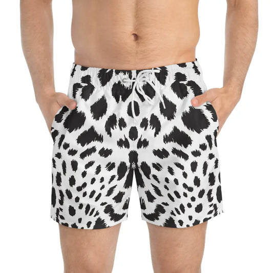 Dalmatian print men’s swim trunks with white leopard pattern on PixiOnyx beachwear