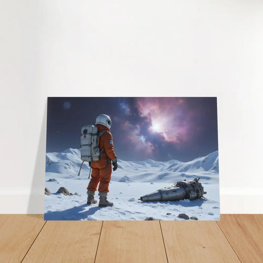 Metal print of a crashed astronaut on a snowy alien landscape by PixiOnyx