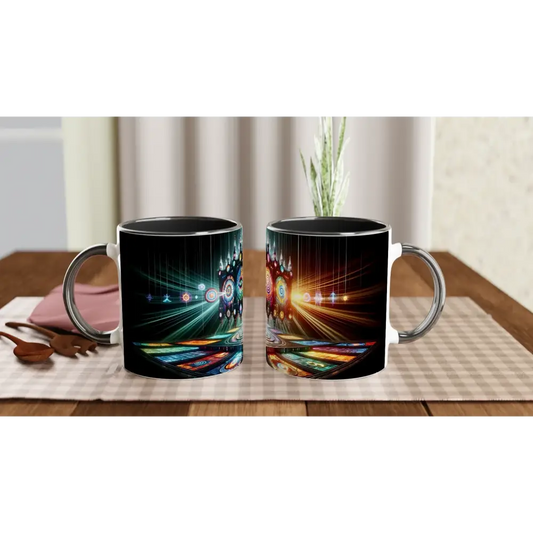 Two abstract-art mugs from PixiOnyx Ritualware featuring hypnotic symbol temple design