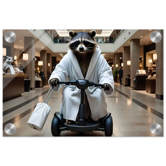 Acrylic Raccoon in bathrobe riding a scooter from PixiOnyx Luxe Wall Satire series