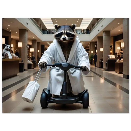 Raccoon in bathrobe riding scooter for PixiOnyx Urban Animal Print poster