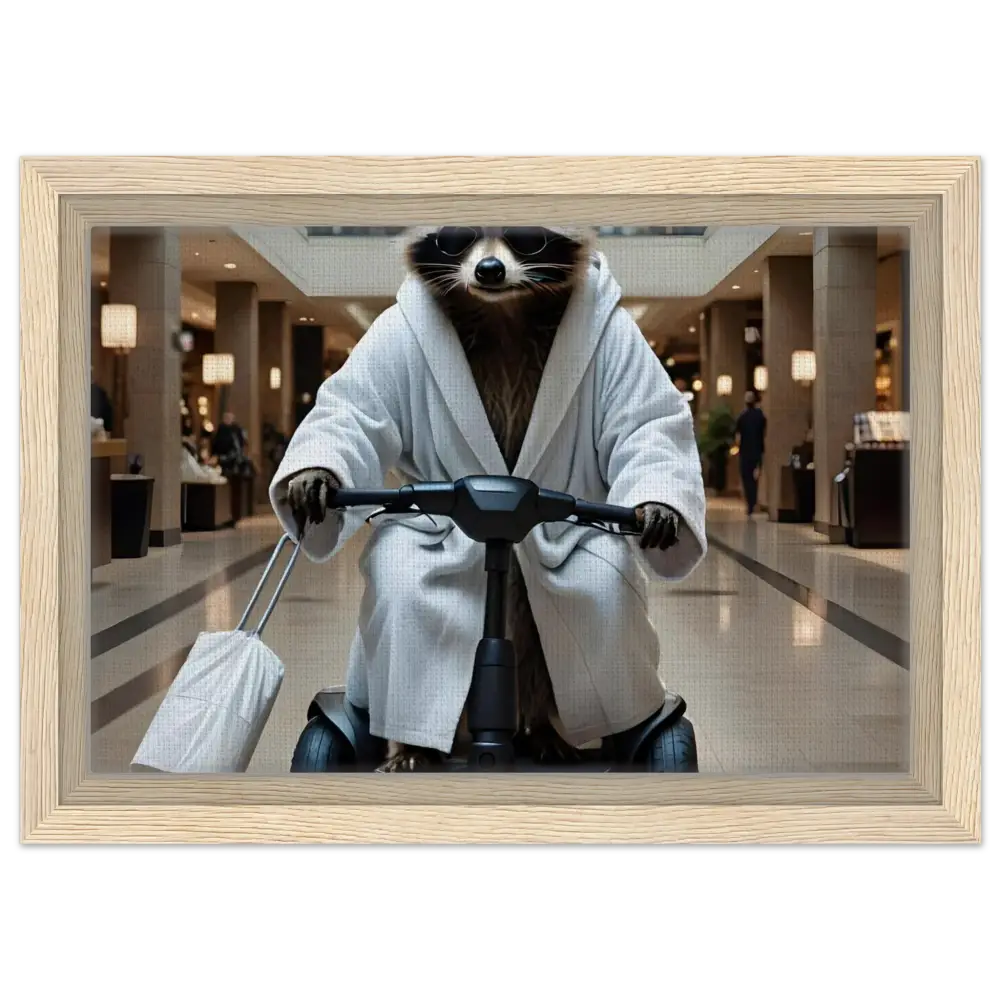 Framed satirical artwork of a raccoon in bathrobe riding a scooter for PixiOnyx Wall Statement