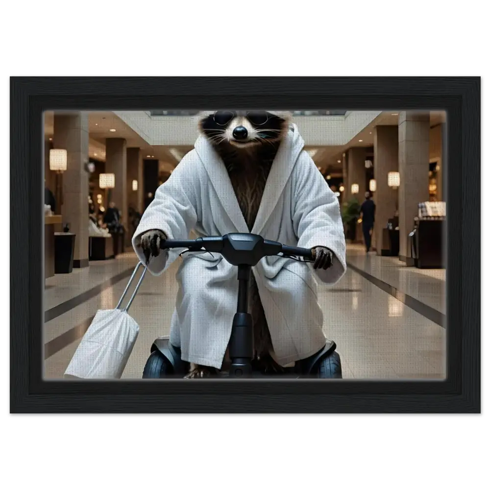 Raccoon in bathrobe riding scooter displayed on Mobility Mogul framed canvas satire art