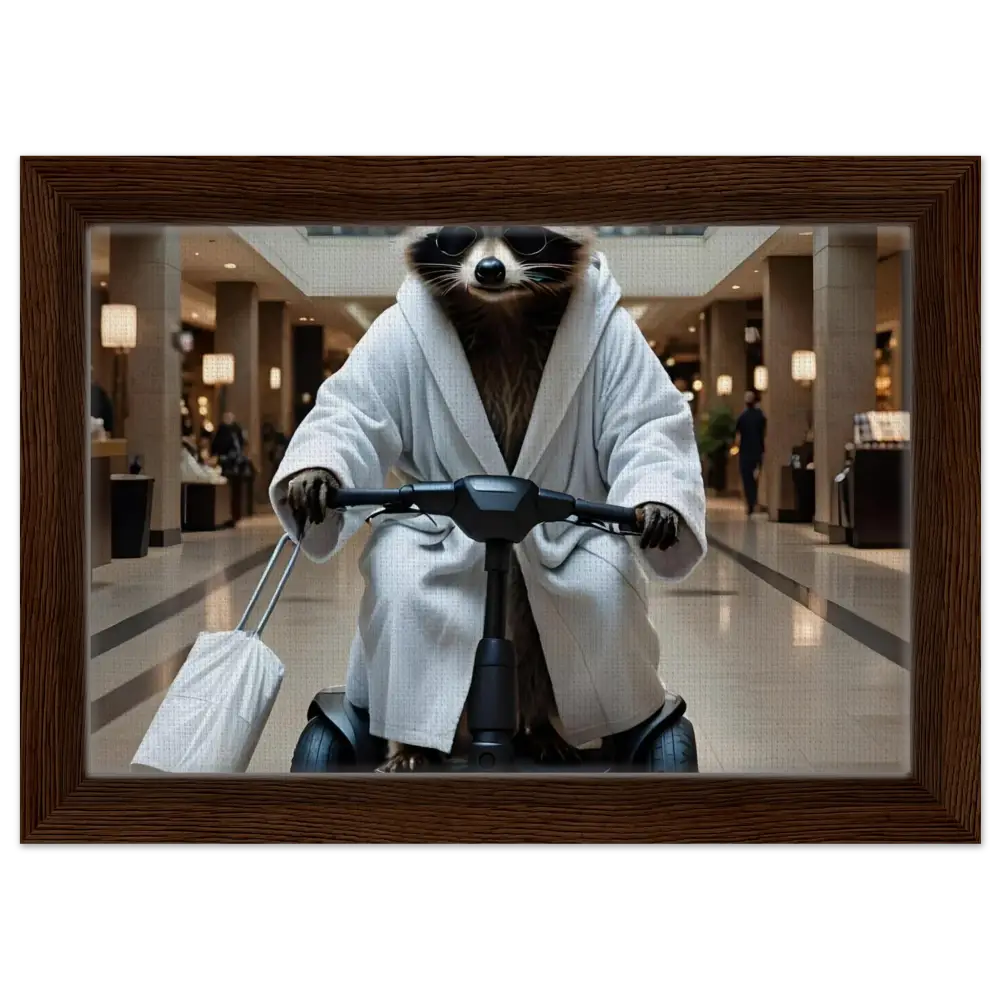 Framed raccoon in bathrobe on scooter artwork for PixiOnyx Wall Statement