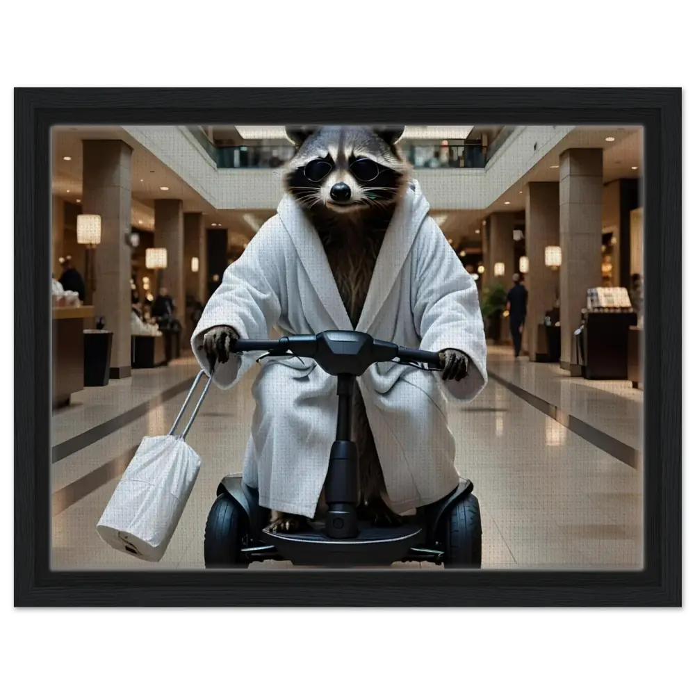 Raccoon in bathrobe riding a scooter for Mobility Mogul PixiOnyx Wall Statement art