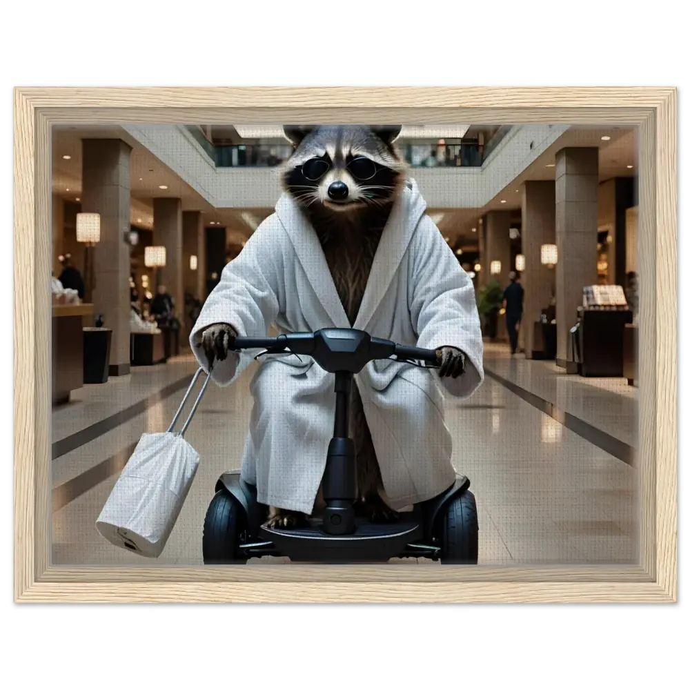 Framed Canvas Satire of Raccoon in Bathrobe Riding Scooter for PixiOnyx Wall Statement