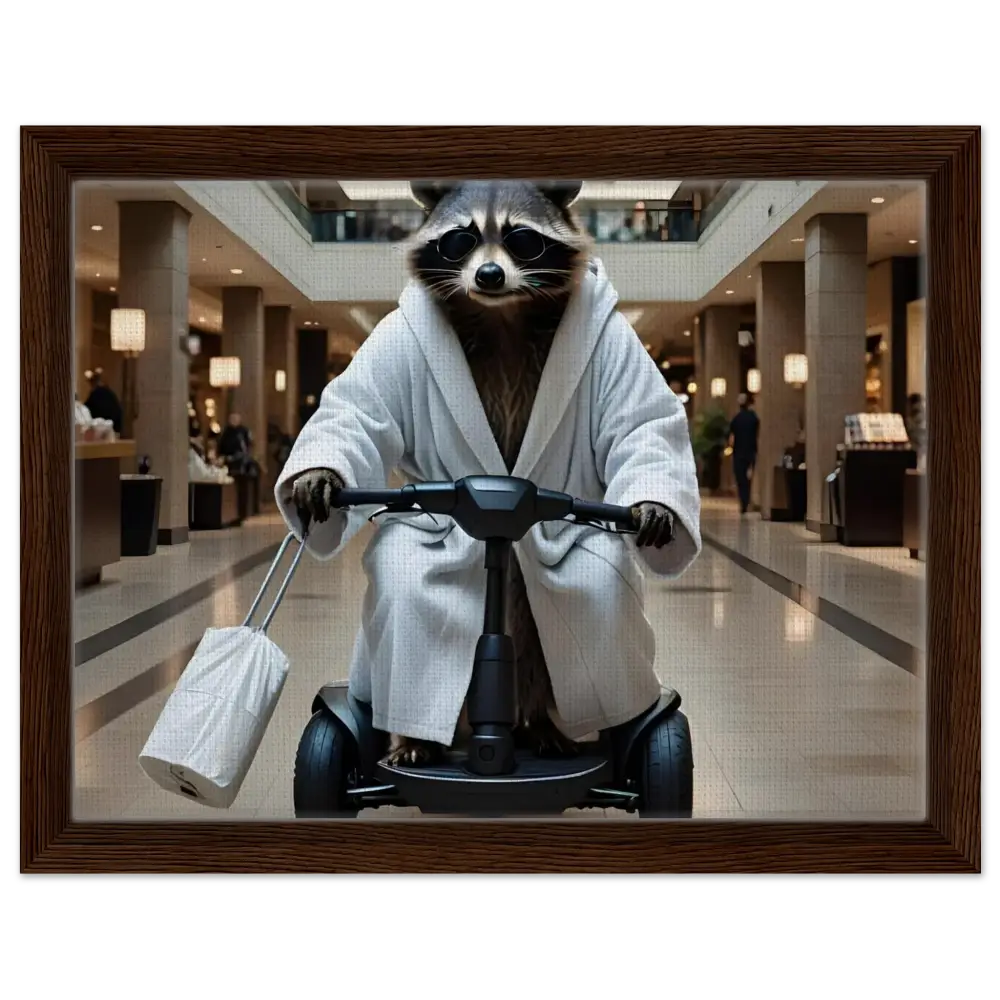 Framed satirical canvas art of raccoon in bathrobe riding a scooter for PixiOnyx Wall Statement